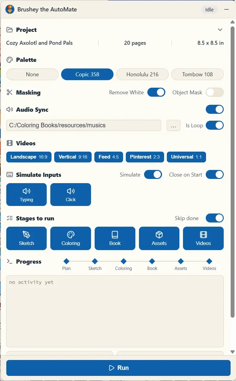 The Brushey the AutoMate dashboard with palette, audio, stage selection, and the Run button