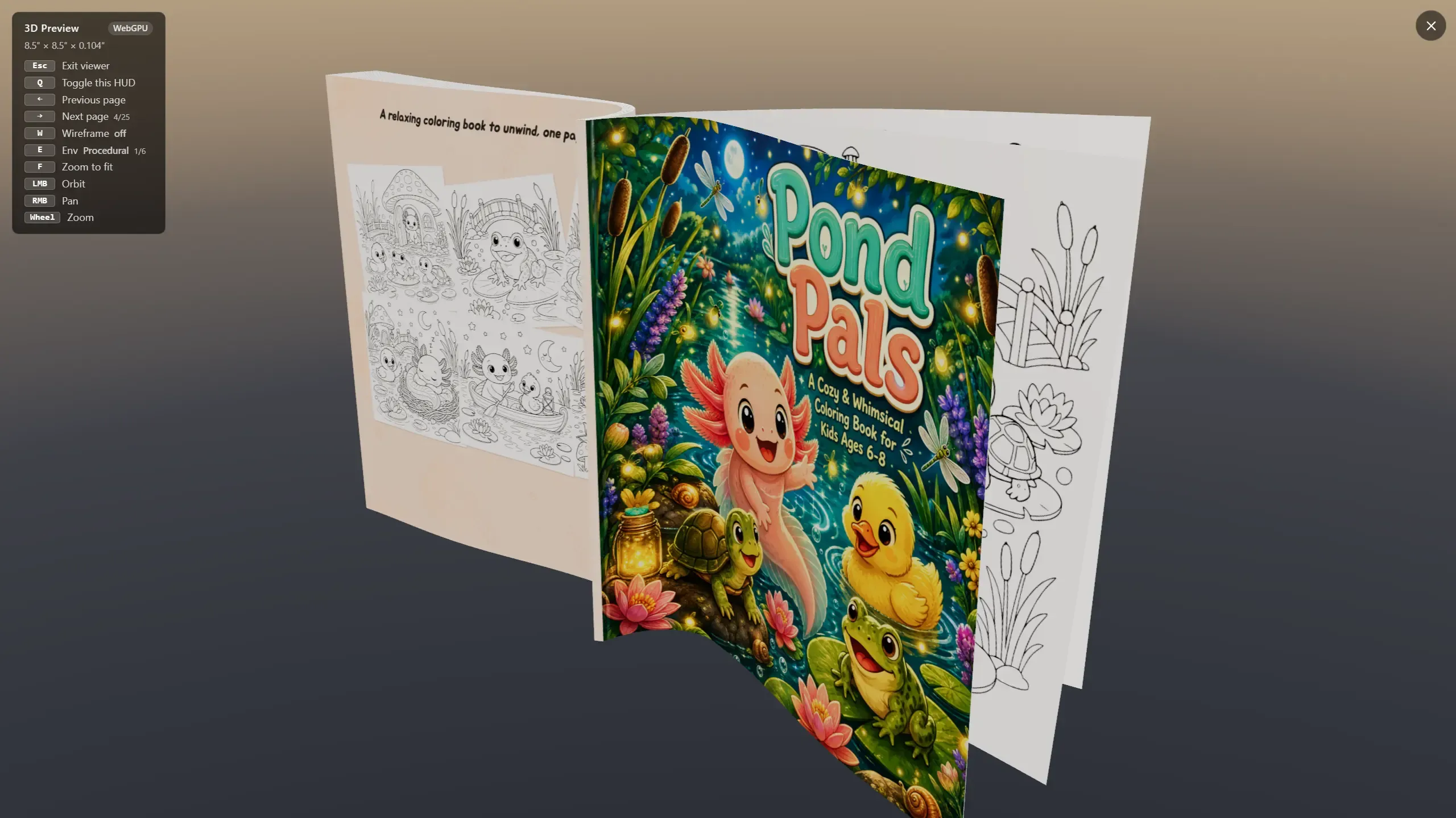 The 3D preview opening the book at its real 8.5×8.5-inch size