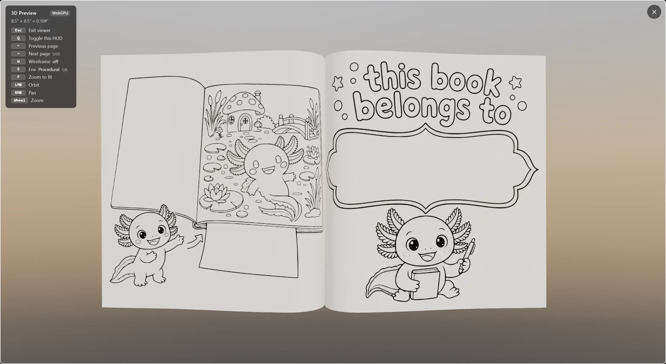 Paging through the interior in 3D — an open spread with the nameplate page