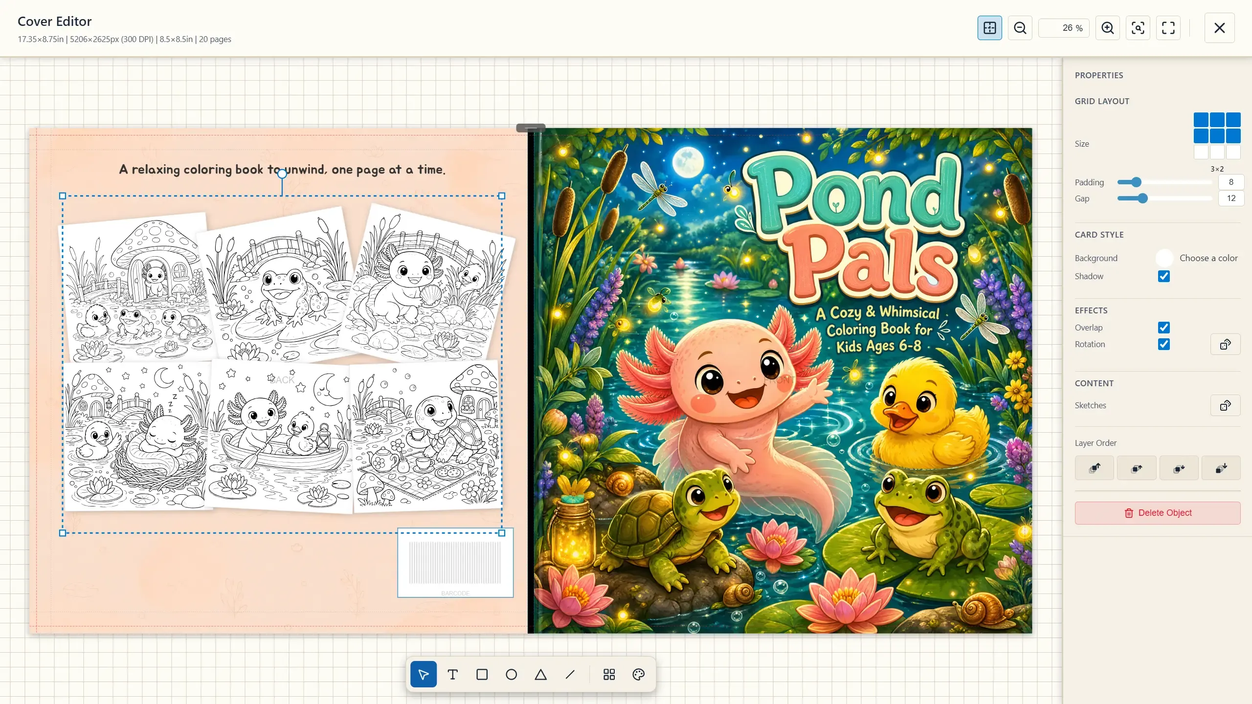 The Cover Editor with a finished Pond Pals cover — back-cover page collage, barcode area, and the front hero art