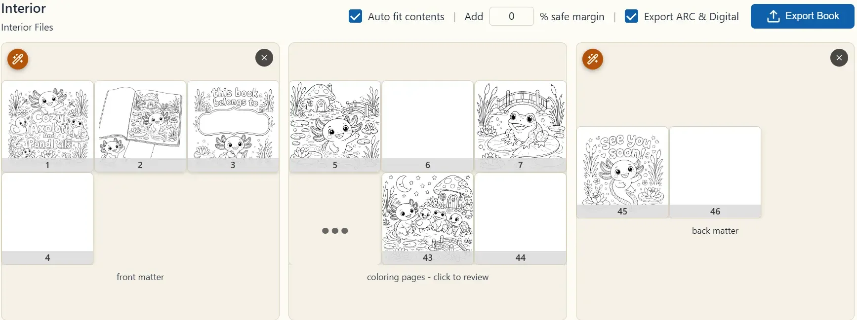 The interior viewer with safe-area guides on each page and a clean “No issues” audit