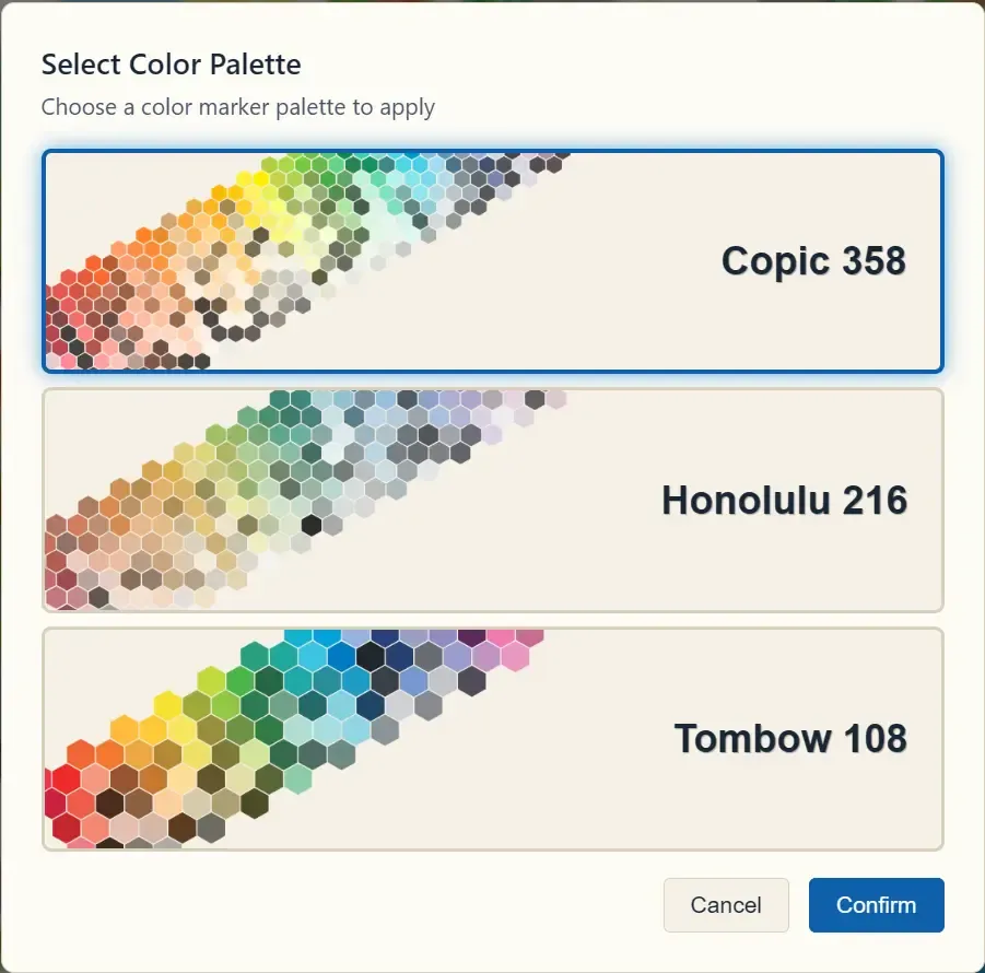 The Select Color Palette dialog with Copic 358, Honolulu 216, and Tombow 108
