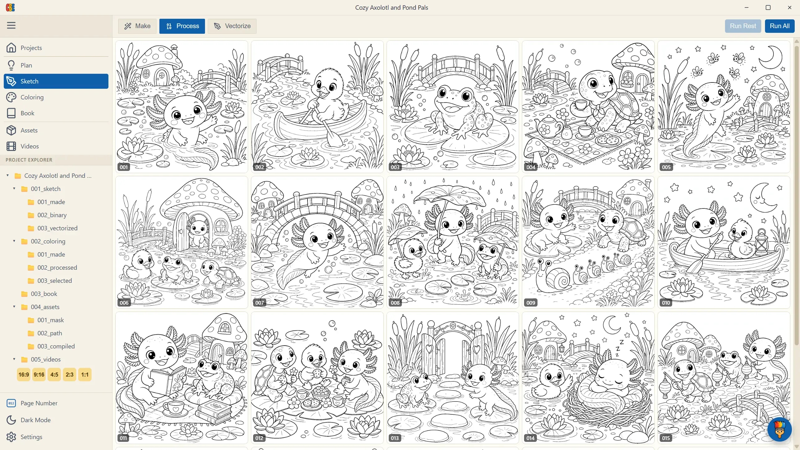 The page grid — every numbered card is one coloring page of the book