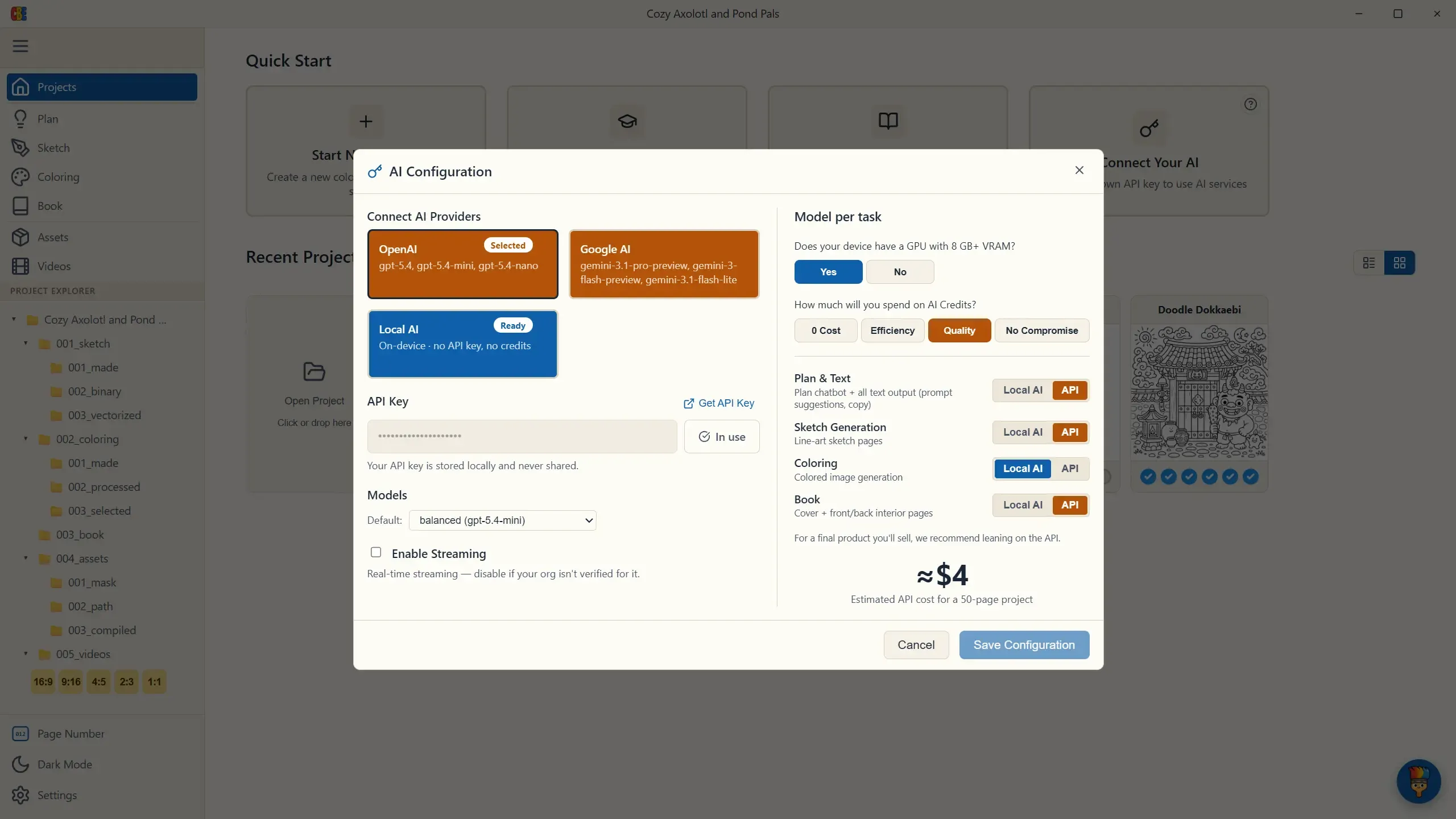 The AI Configuration dialog: provider cards, the API key field, and the Model-per-task panel