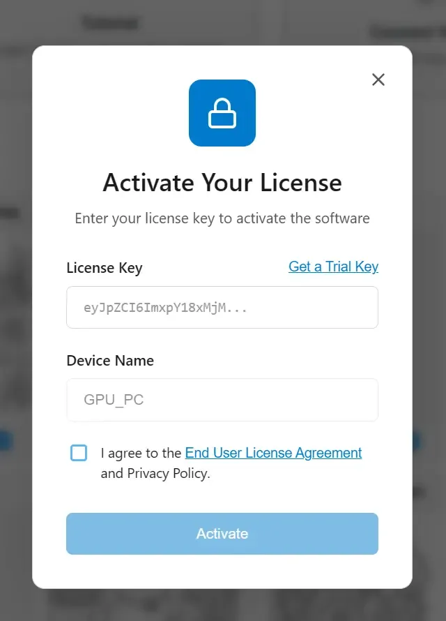 The Activate Your License dialog with the License Key and Device Name fields