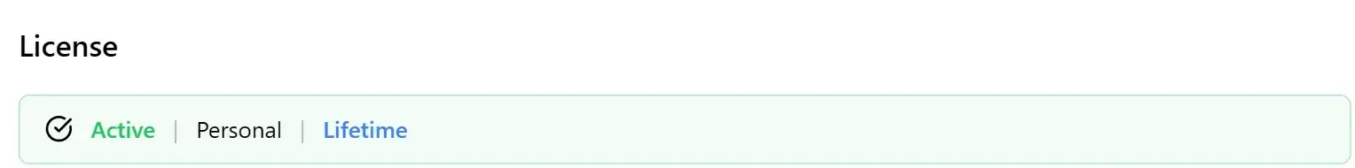 The Settings → License panel showing an active Personal / Lifetime license