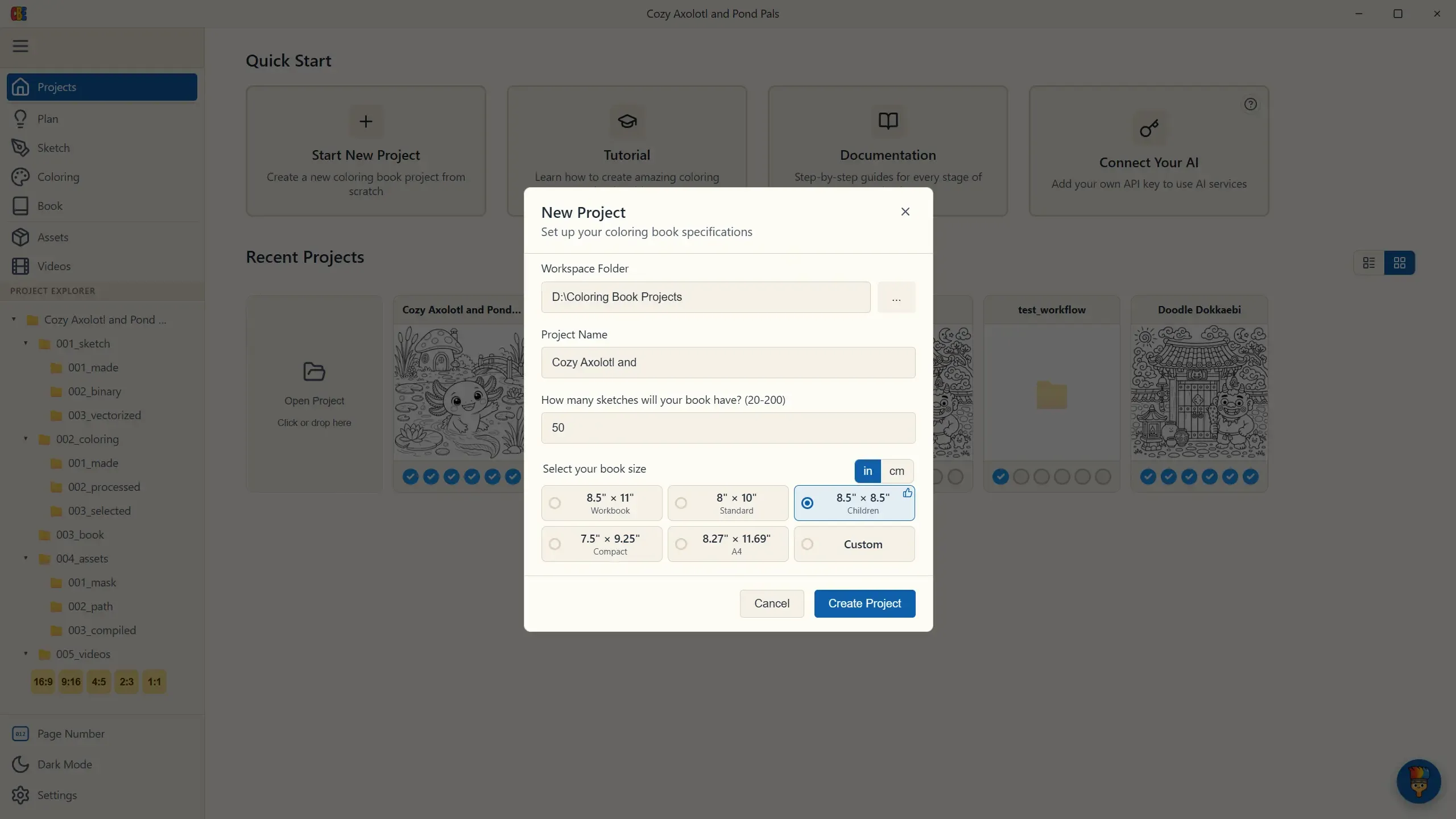 The New Project dialog — workspace folder, project name, page count, and KDP book-size presets