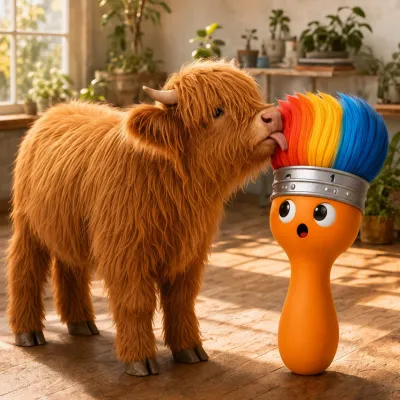 A fluffy highland cow licking the Coloring Book Engine paintbrush mascot in a sunlit studio