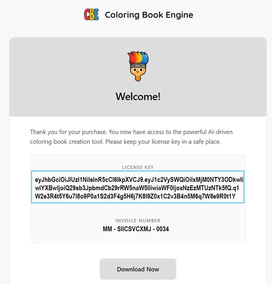 The welcome email containing your license key and the Download Now button