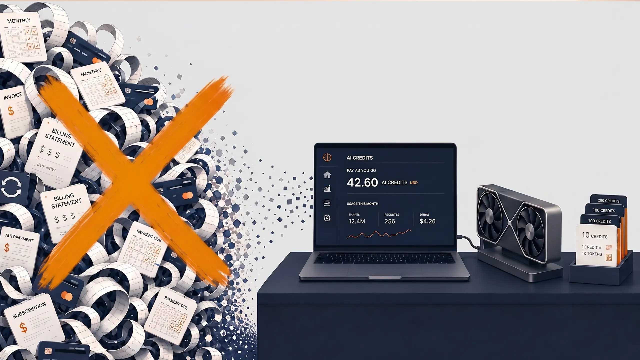 A pile of subscription bills crossed out, replaced by a simple pay-as-you-go AI credits dashboard