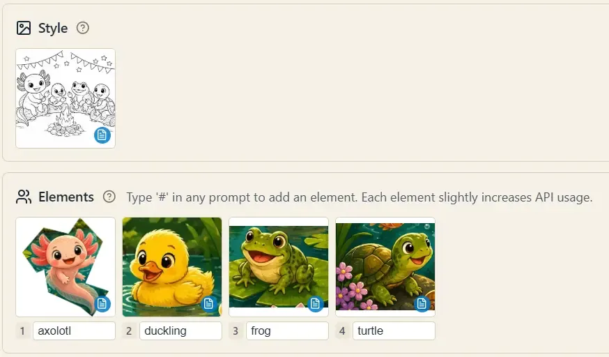 The Image Pool with a style image and four named elements — axolotl, duckling, frog, turtle