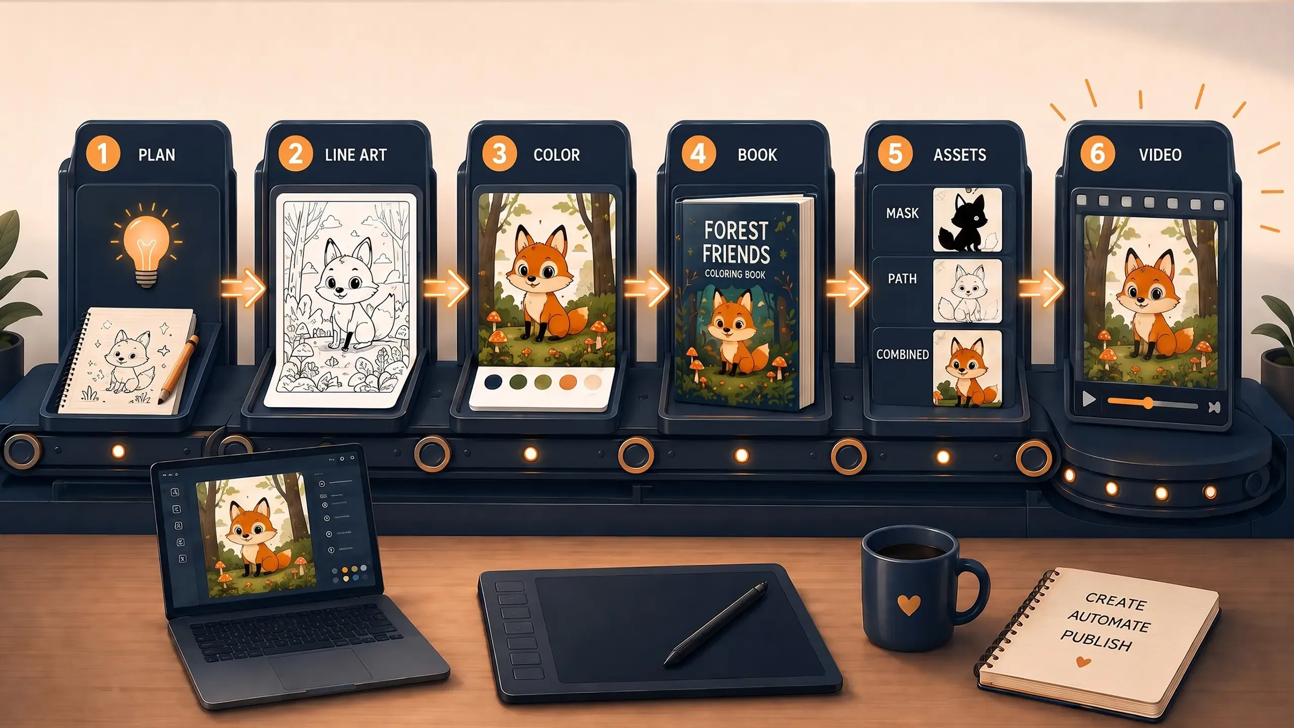 The six-stage pipeline — Plan, Line Art, Color, Book, Assets, Video — with the same fox character at every station