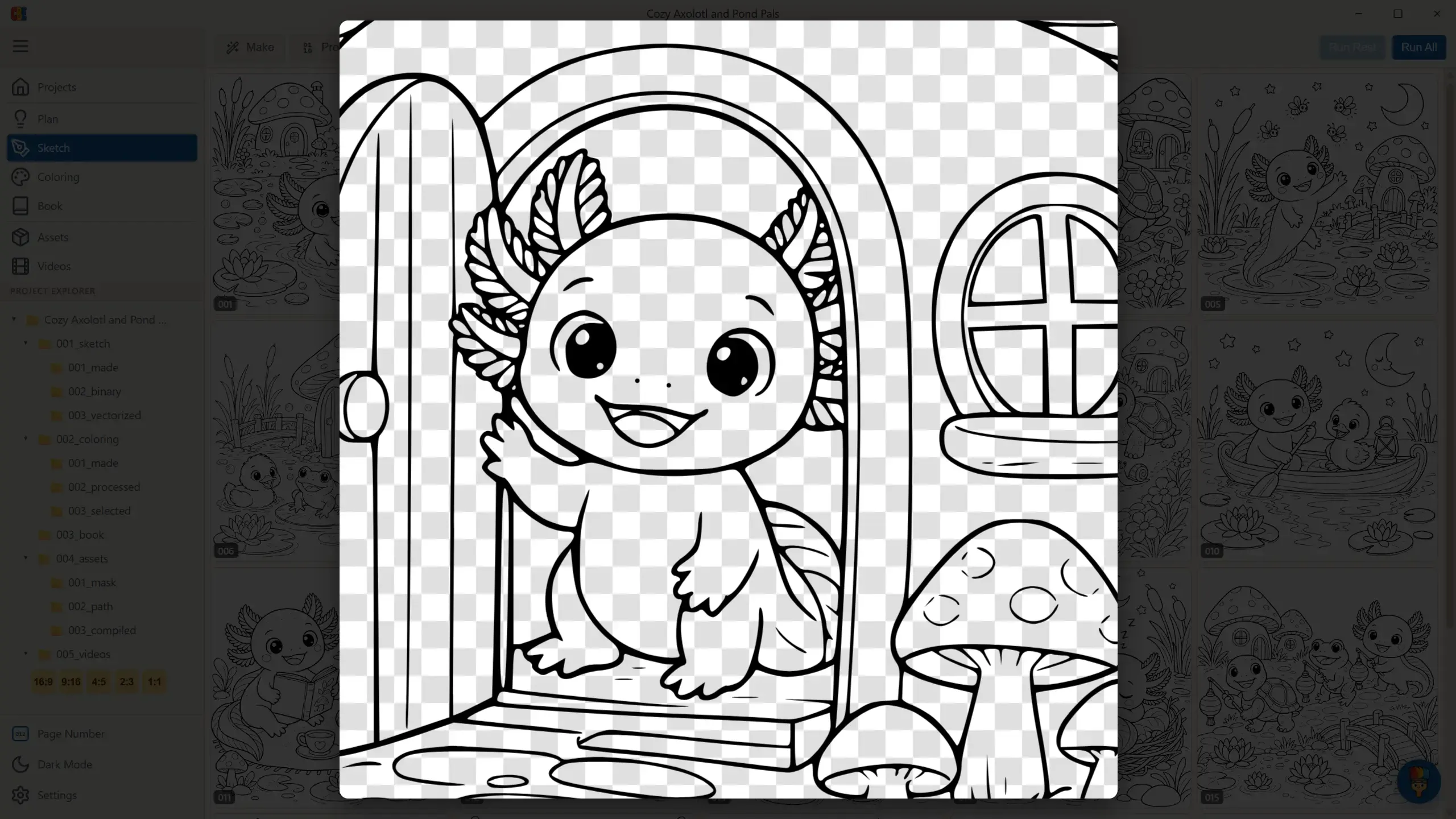 A vectorized page in the viewer — crisp line art on a transparent background