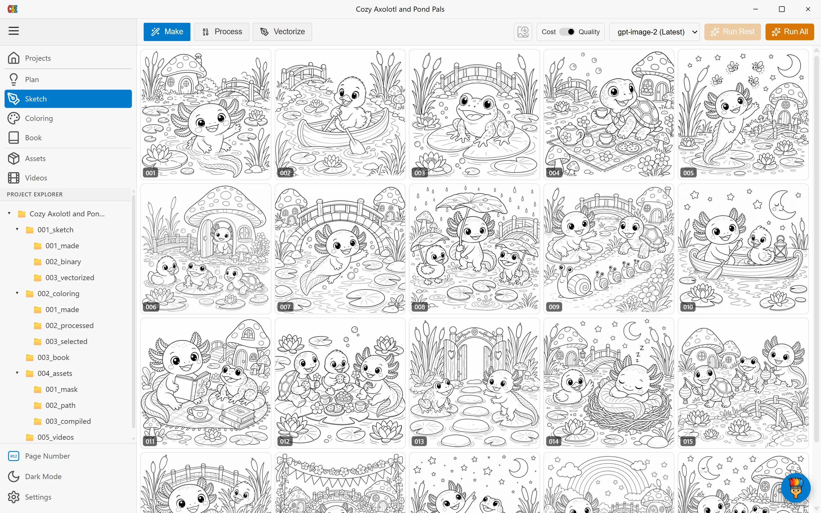 The Sketch stage with a full grid of consistent line-art pages