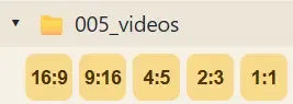 The project explorer’s 005_videos entry with a row of gold ratio chips — 16, 9, 4, 2, 1 — each opening that format’s output folder