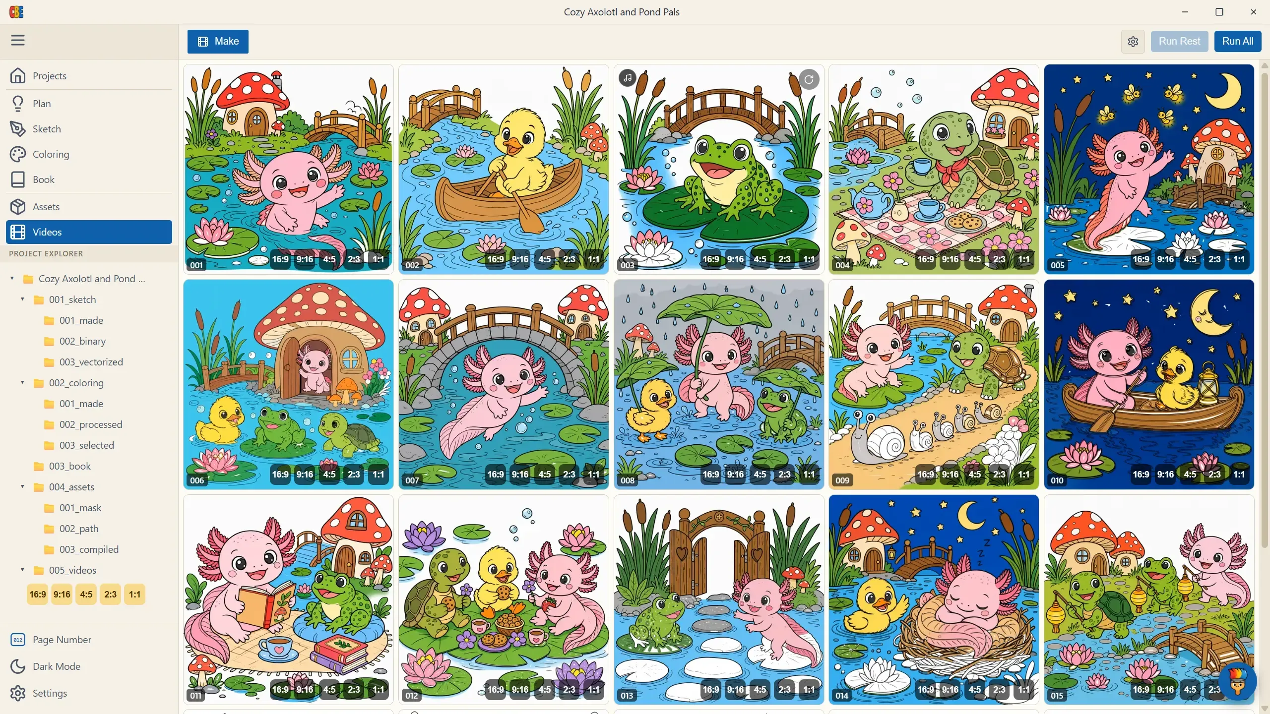 The Videos grid with each page rendered — the small buttons in the bottom-right of every card jump to that page’s social-format renders (16, 9, 4, 2, 1), and the gold chips under 005_videos in the explorer open each format’s output folder