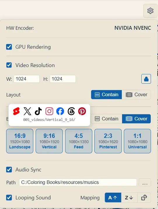 The video render settings panel — HW Encoder, GPU Rendering, Video Resolution with a Contain/Cover layout, the Export for social ratio cards (16, 9, 4, 2, 1 with their roles and pixel sizes), a hover tooltip showing which platforms a ratio covers, and Audio Sync